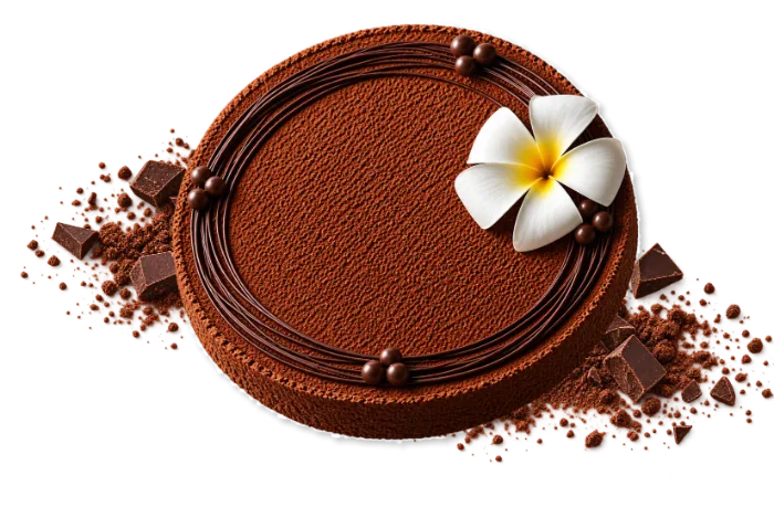 Chocolate tart with a plumeria flower
